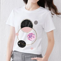 womens casual slim fit t shirt british style white basic tops creative geometric commuter pattern printing o neck short sleeves