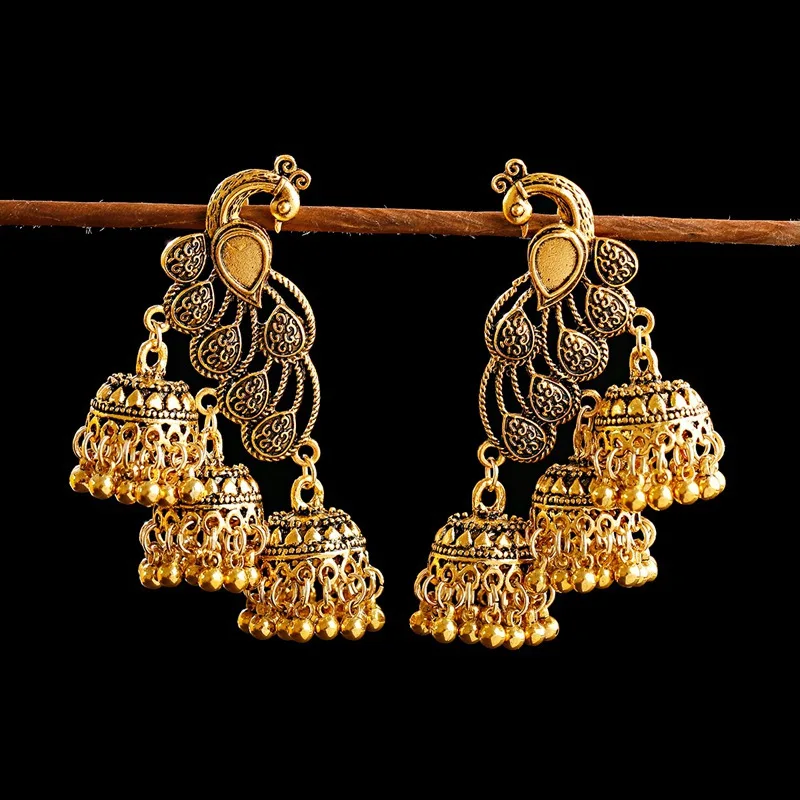 

Vintage Women's Gold Peacock Indian Jewelry Gypsy Ethnic Boho Tribe Bell Long Tassel Drop Earrings Jhumka Jhumki Jewelry Gifts
