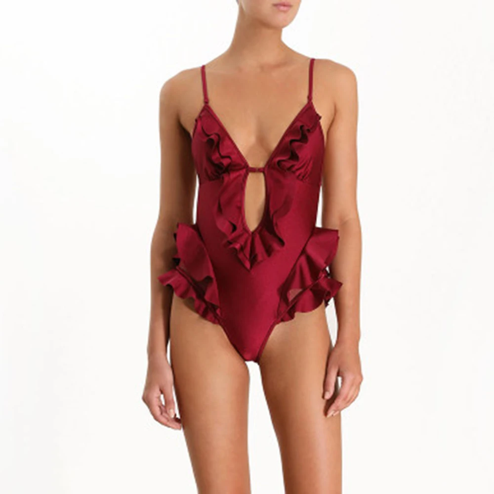 

Women One Piece Red Ruffle Swimsuit Sexy Swimwear Vintage Swimming Suit Summer Beach Bathing Suit Maillot De Bain