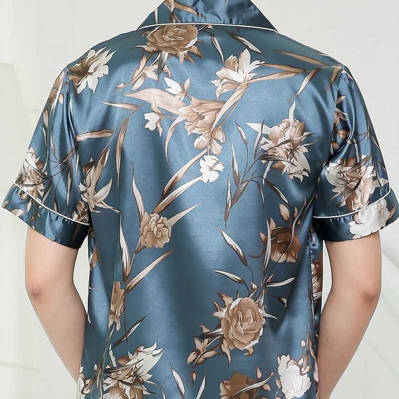 Summer lovers pajamas women ice silk short sleeve trousers thin style suit cardigan men silk large size home wear