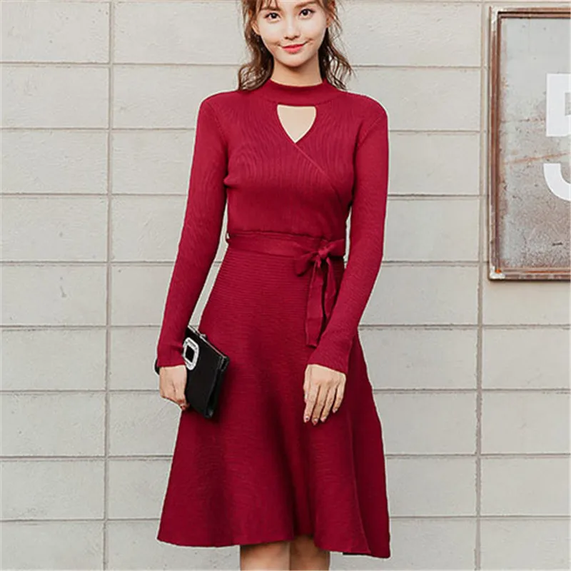 Корейское модное платье-свитер женские вязаные свитера платья с высокой талией