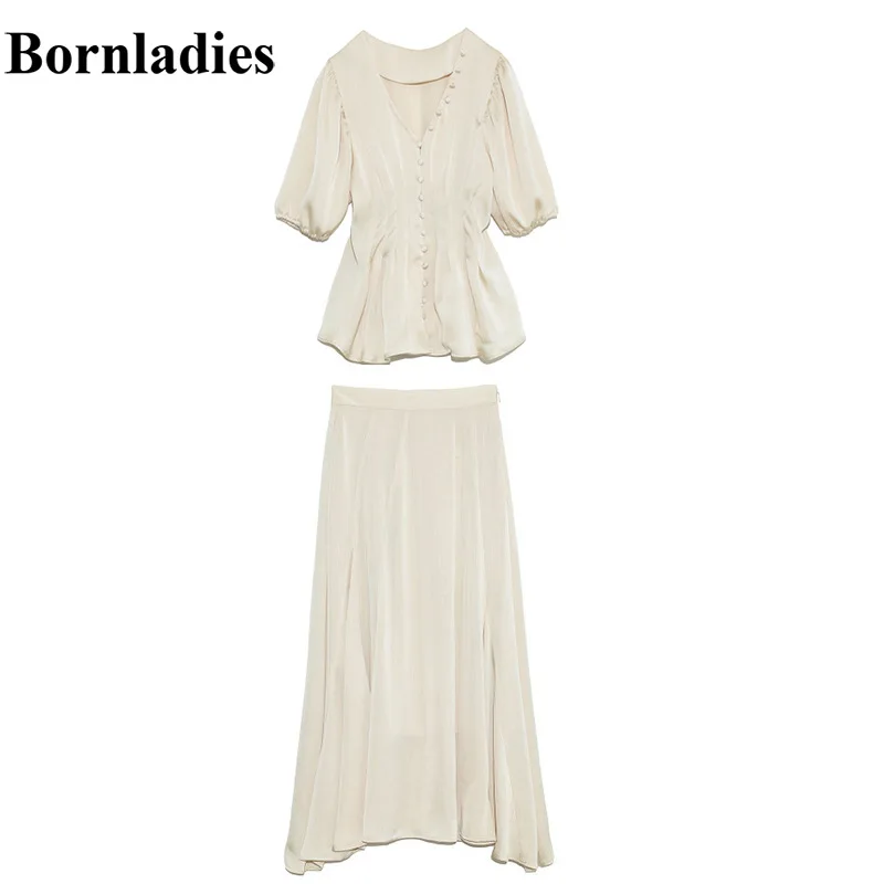 

Bornladies Japanese Temperament V Neck Puff Short Sleeve Shirts Draped Irregular High Waist Skirts 2021 Spring Woman Clothing