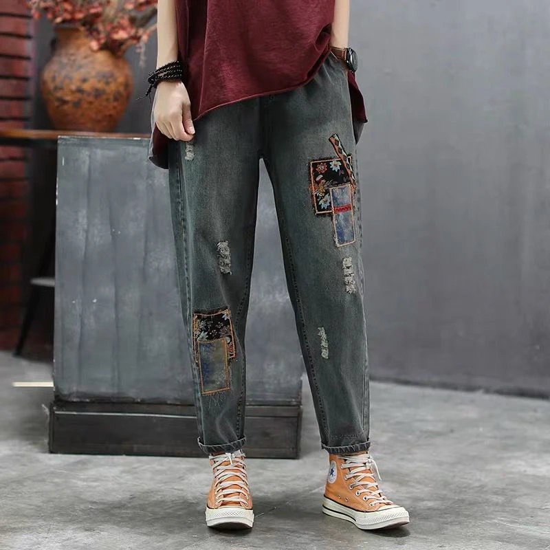 

Spring New Fashion Women Elastic Waist Loose Casual Jeans Patchwork Embroidery Vintage cotton Denim Harem Pants Plus Size S655