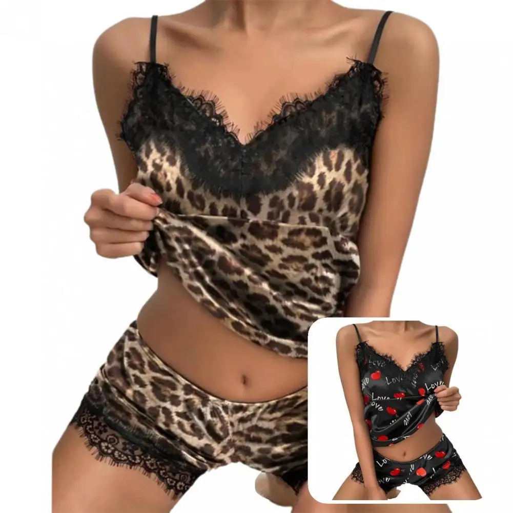 

Vest Shorts Set Stylish Short Spaghetti Strap Eyelash Decor Sleepwear Set for Home Pajama Set Nightdress Set