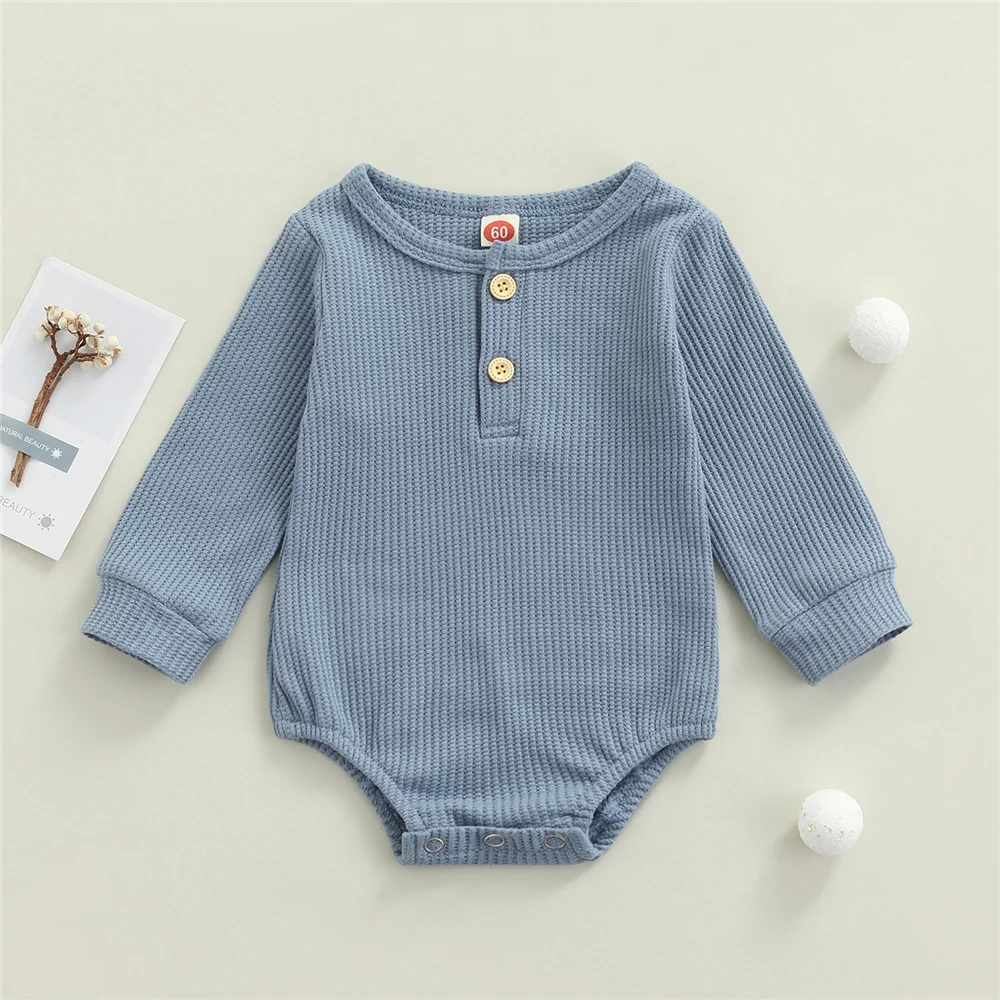 

3 Colors Newborn Baby Boy Girl Casual Long Sleeve Romper Fashion Infant Toddler Solid Color Button Jumpsuits Blue Khaki Red