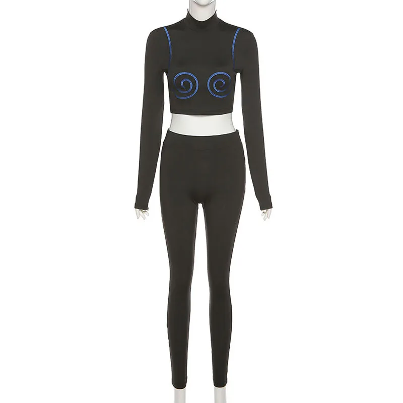 

Sports Two-Piece Women Embroidered Long-Sleeve Slim Buttocks Pants Casual Running Suit Pencil Pants Trousers Gym Suits 2021