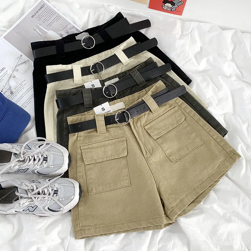 

Unua amo Summer Casual Women's Shorts Fashion Big Pocket Design Loose Wide Leg Short Pants With Belt High Waist Shorts Female