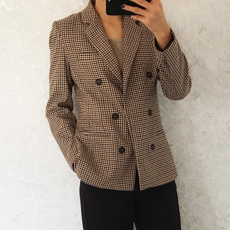 

2019 Autunm women blazers and jackets suit casual plaid blazer button decorative suit coat