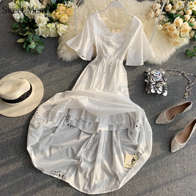 

Sweet Memory Fashion Women Square Collar Hollow Backless White Short-Sleeve Dress