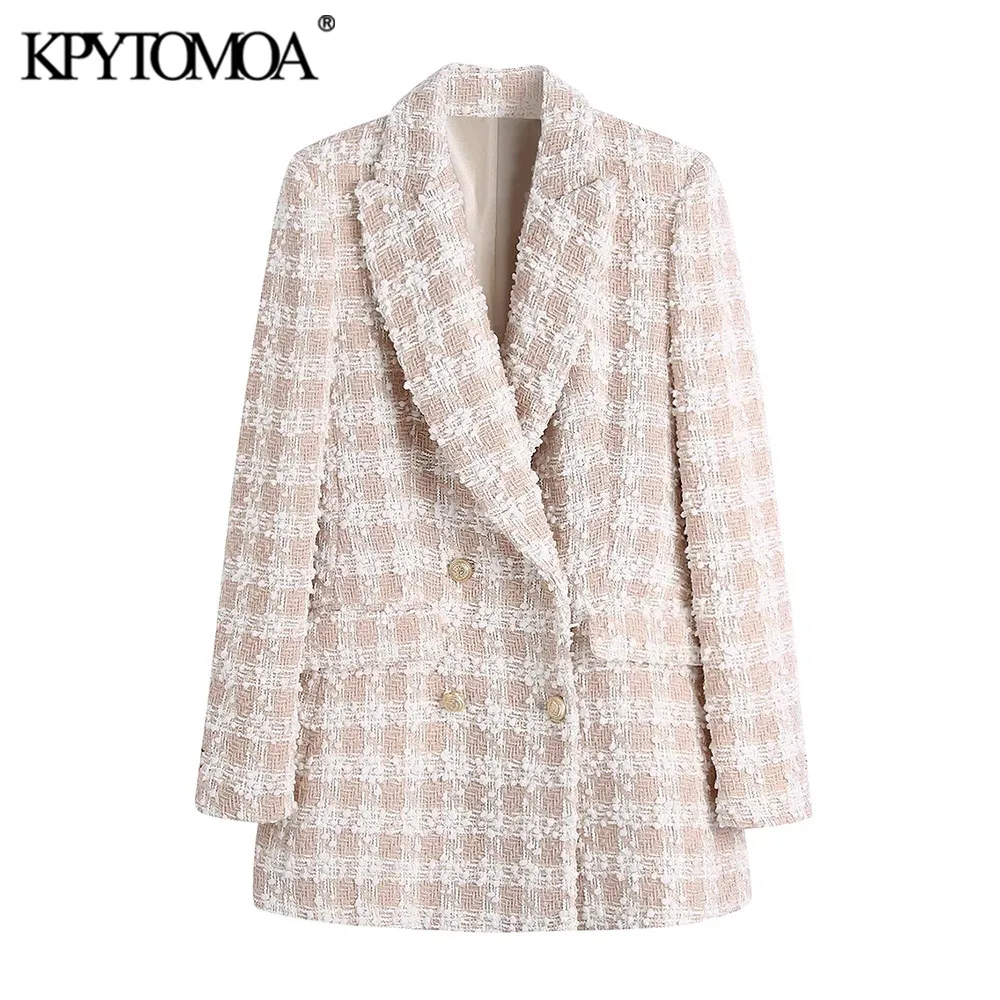 

KPYTOMOA Women 2021 Fashion Tweed Double Breasted Blazer Coat Vintage Long Sleeve Flap Pockets Female Outerwear Chic Veste Femme