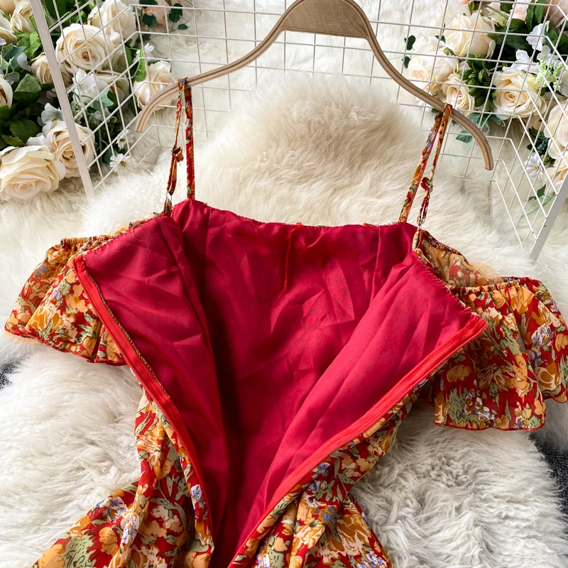 

Korean Sundresses Women Floral Dresses Summer 2021 Sexy Off-The-shoulder Slim Ruffled Mesh Stitching Holiday Sexy Beach Dress