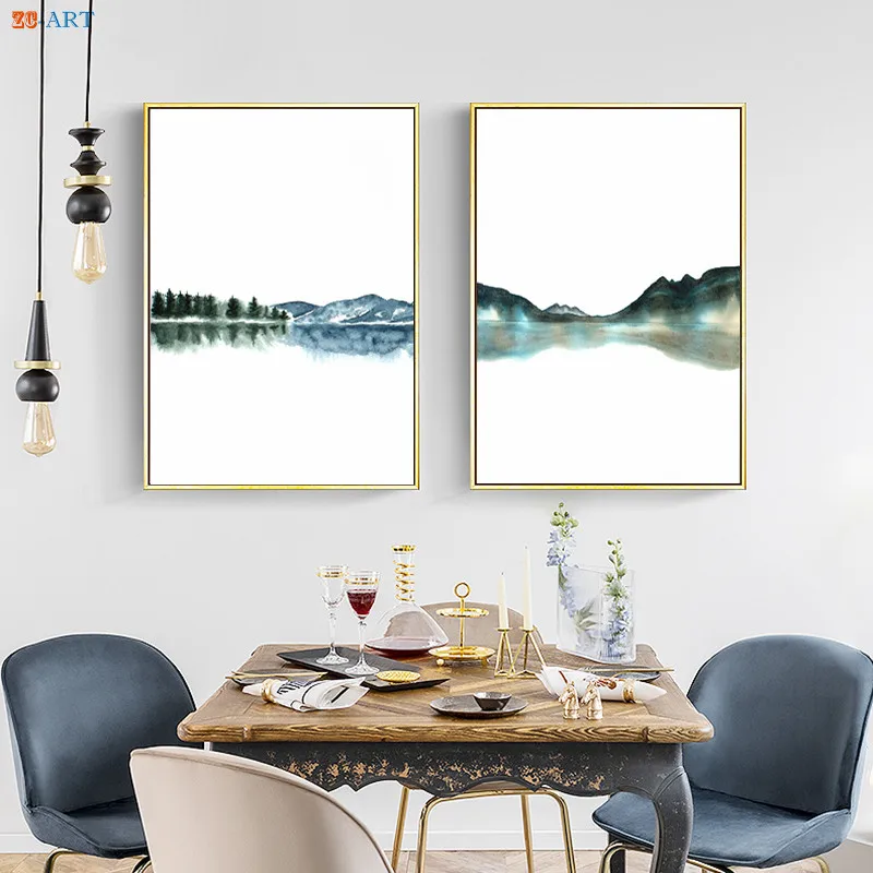Абстрактный пейзаж холст живопись синие горы озеро отражение искусство печать