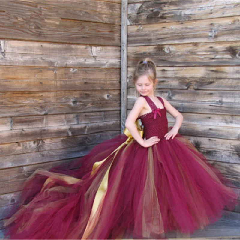 Handmade Removable Long Train Tail Girls Tulle Tutu Dress Baby Party Frocks Elegant Wine Birthday Dancing Festival Dresses | Детская
