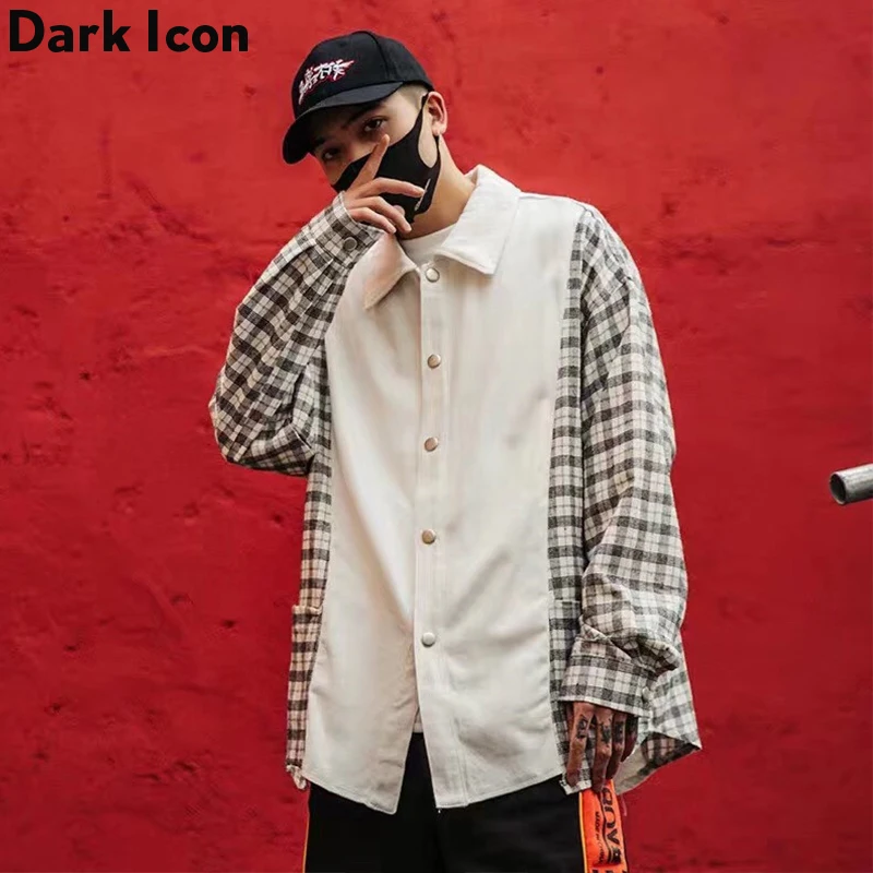 Темные значки клетчатые Лоскутные рубашки с длинным рукавом мужские Ретро