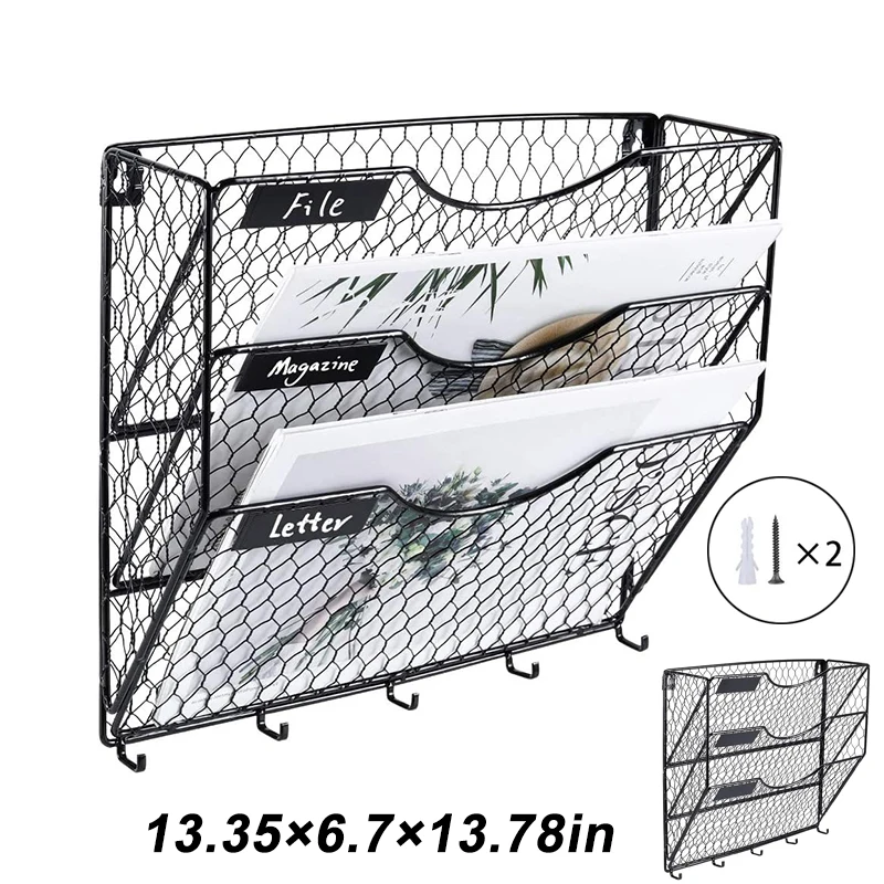 

Nordic Metal Wall-mounted Bookshelf Magazine Display Rack Three-layer Newspaper Basket with 5 Hooks