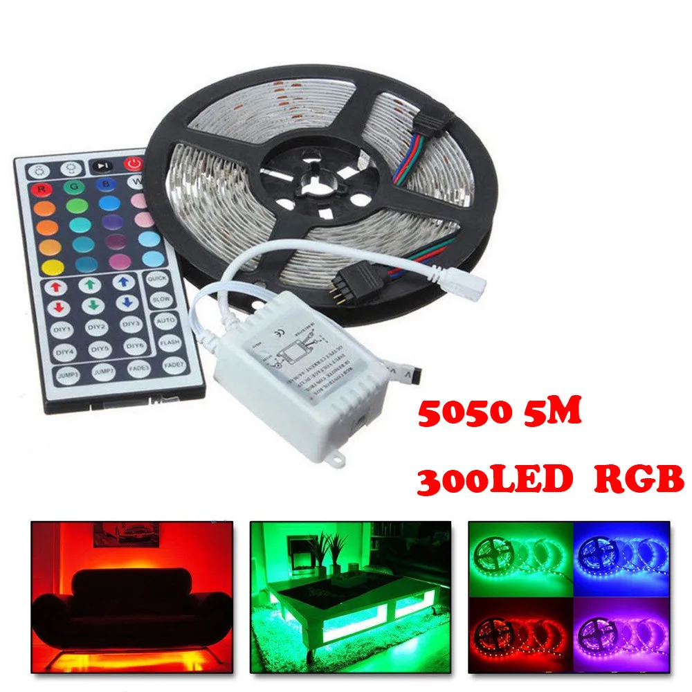 

5M RGB Led Strip 5050 SMD Waterproof 60LED/M DC12V LED Strip Light 300 LEDs+44 Keys Remote Controller+12V 6A Power Adapter