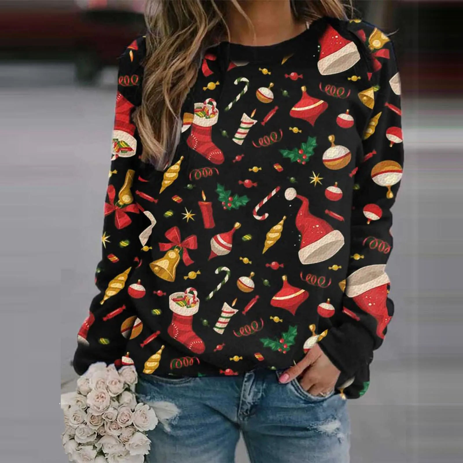 Женский Повседневный Рождественский свитер в клетку с длинным рукавом футболки