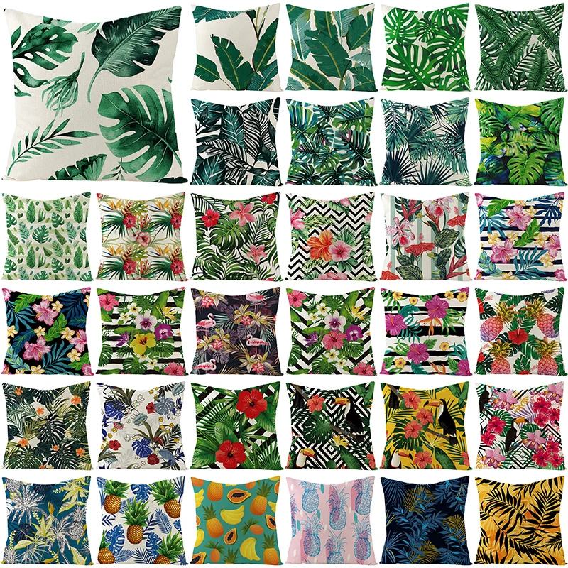 

Floral Linen Throw Pillow Case Tropical Flower Plant Cushion Cover Monstera Palm Green Leaves Sofa Couch Home Decor Pillow Cover