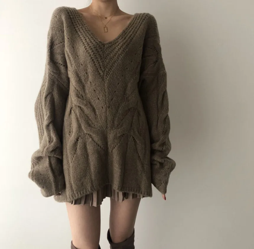 

YAMDI loose knitted vintage oversized 2020 spring winter sweater women korean cute solid woman elegant pullover jumper thick new