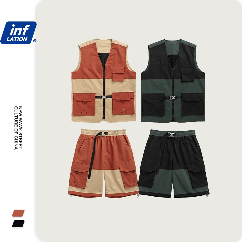 

INFLATION Men Suit Streetwear Jersey Utility Gilet In Block Color & Loose Fit Style Men Shorter Shorts With Elastic Waist