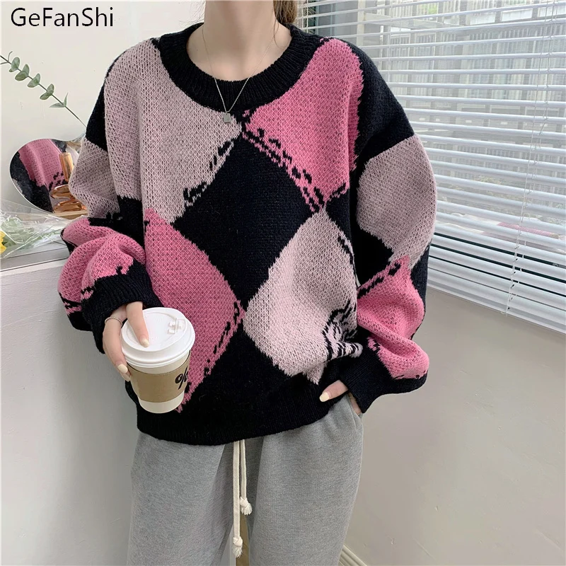 

New Women Sweaters Autumn Winter O-Neck Argyle Casual Loose Knitted Tops Sweater Fashion Clothing Bastic Party Pullover Sweaters
