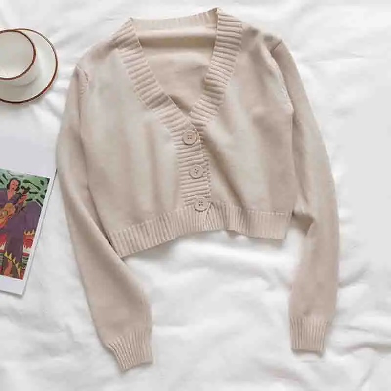 Женский укороченный вязаный кардиган короткий свитер в Корейском стиле с