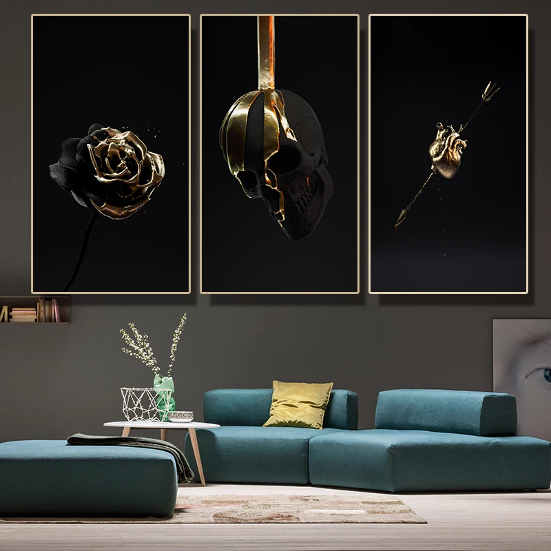 Холст печать плакаты черный и золотой розовый череп сердце современное