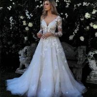 charming sexy white double v neck front and back long sleeves floor appliqu%c3%a9d open back a line lace wedding dress