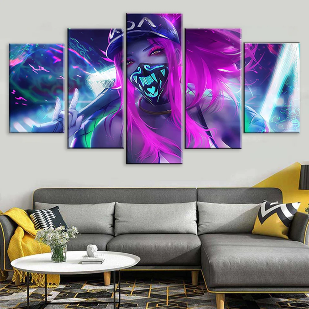 Фоторамка игры Kda Akali Mask Neon League of Legends плакат для домашнего декора художественная печать на холсте тип модульных картин 5 штук.