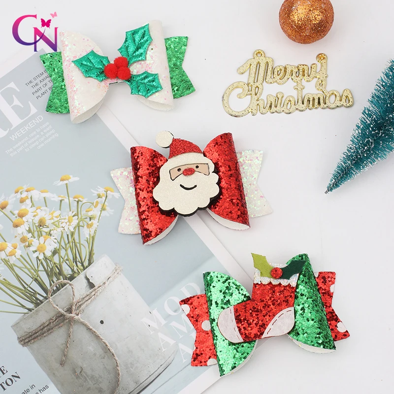 

CN 3" Glitter Christmas Hair Clips With Santa Claus Girls Party Hairgrips Handmade Festival Hair Bows Hair Accessories