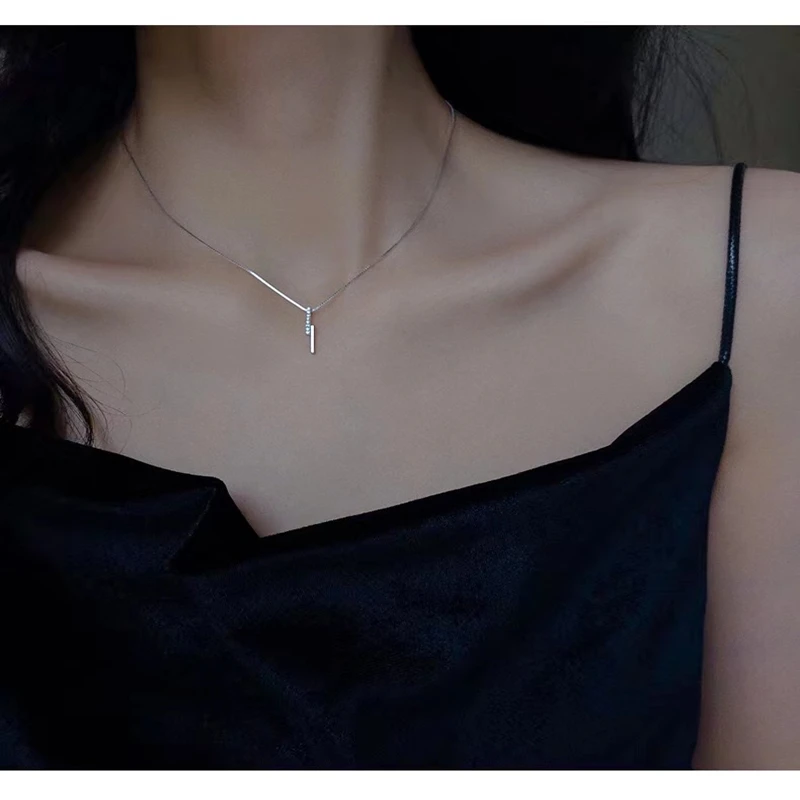 

New s925 silver long strip geometric necklace female tide Korean version of the clavicle chain simple and generous net red tempe