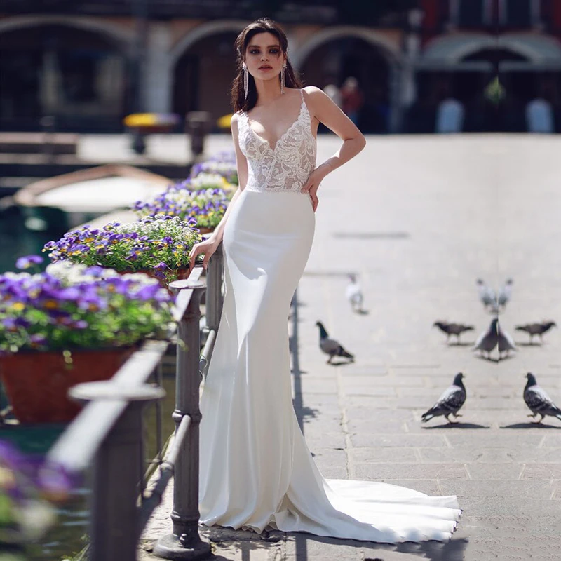 

Eightale Beach Wedding Dress V-Neck Appliques Lace Boho Wedding Gowns White Chiffon Mermaid Bridal Dress abito da sposa a sirena