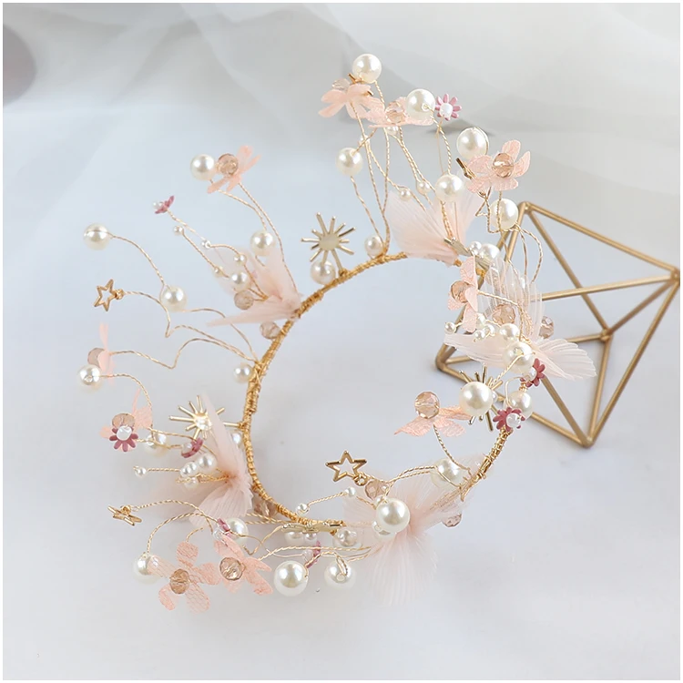 NiuShuya Bridal Headdress Korean Handmade Pink LaceFlower Round Crown Wedding Dress Hair Accessories Princess Tiaras | Украшения и