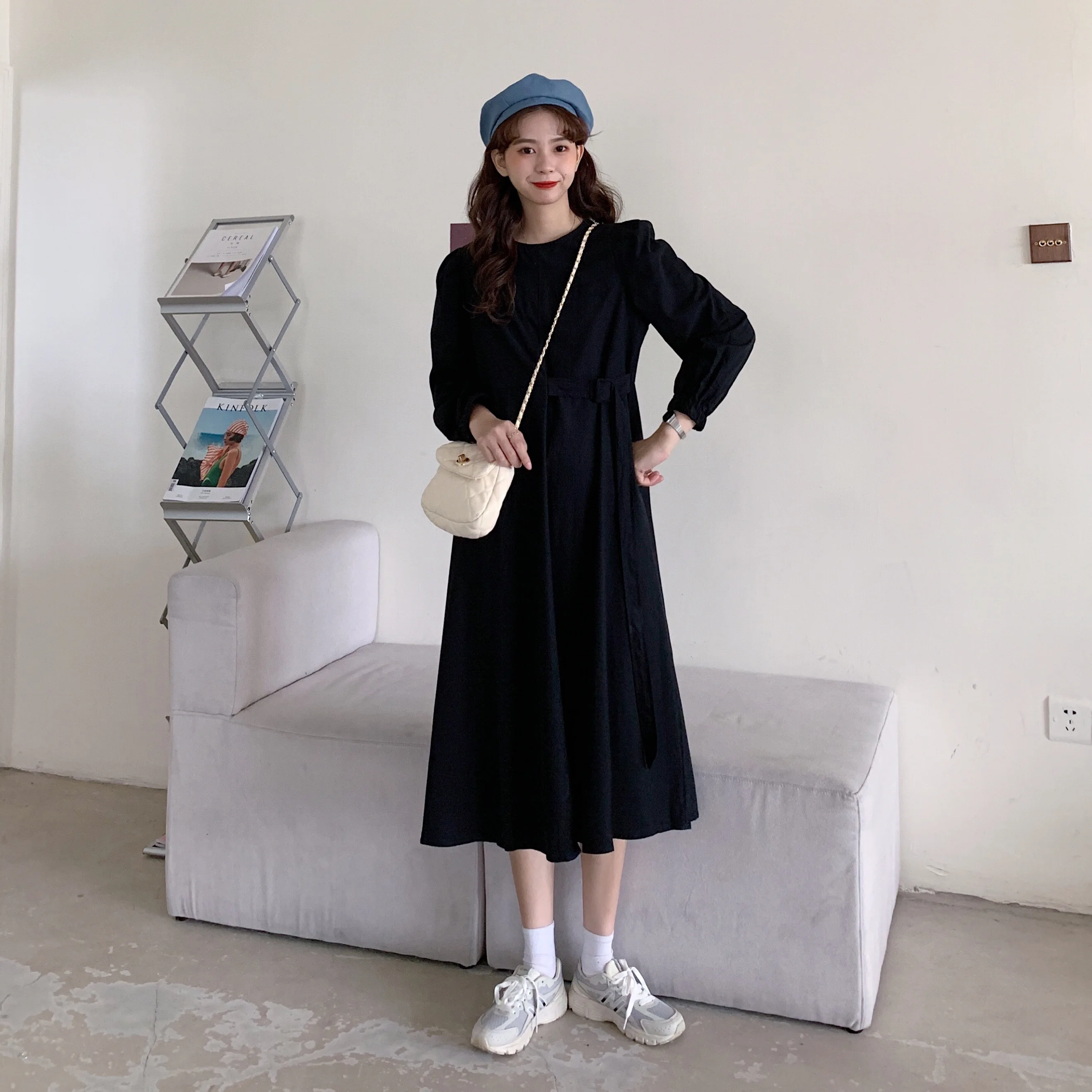 

Early Autumn New 2021 Casual Fashion Loose and Slimming Lace-up Midi Skirt Korean Pure Color All-Matching Outerwear Dress