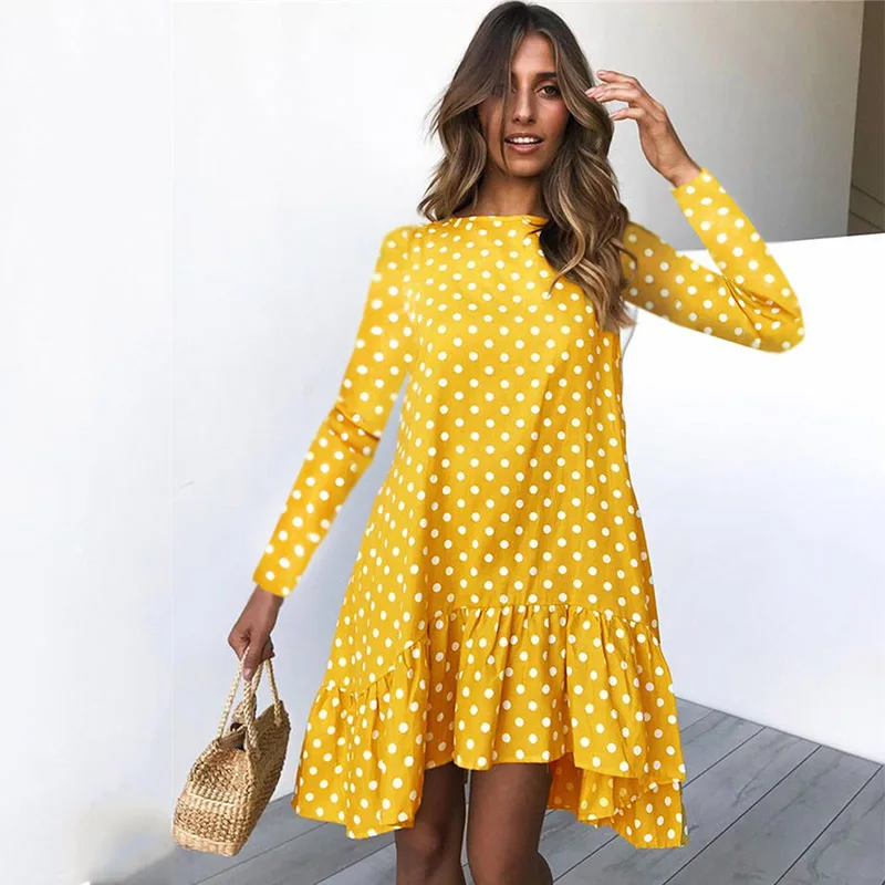 2020 Women Autumn Dress Fashion Polka Dot Chiffon Boho Long Sleeve Ruffle Female Casual Yellow | Женская одежда