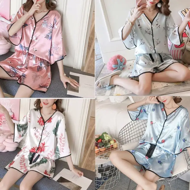 

1Set Women Short Sleeve Sleepwear Cool Silk Button Down Tops Shorts Pants Ladies Pajama