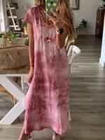 womens v neck short sleeved tie dye split cotton and linen series casual loose and comfortable long skirt