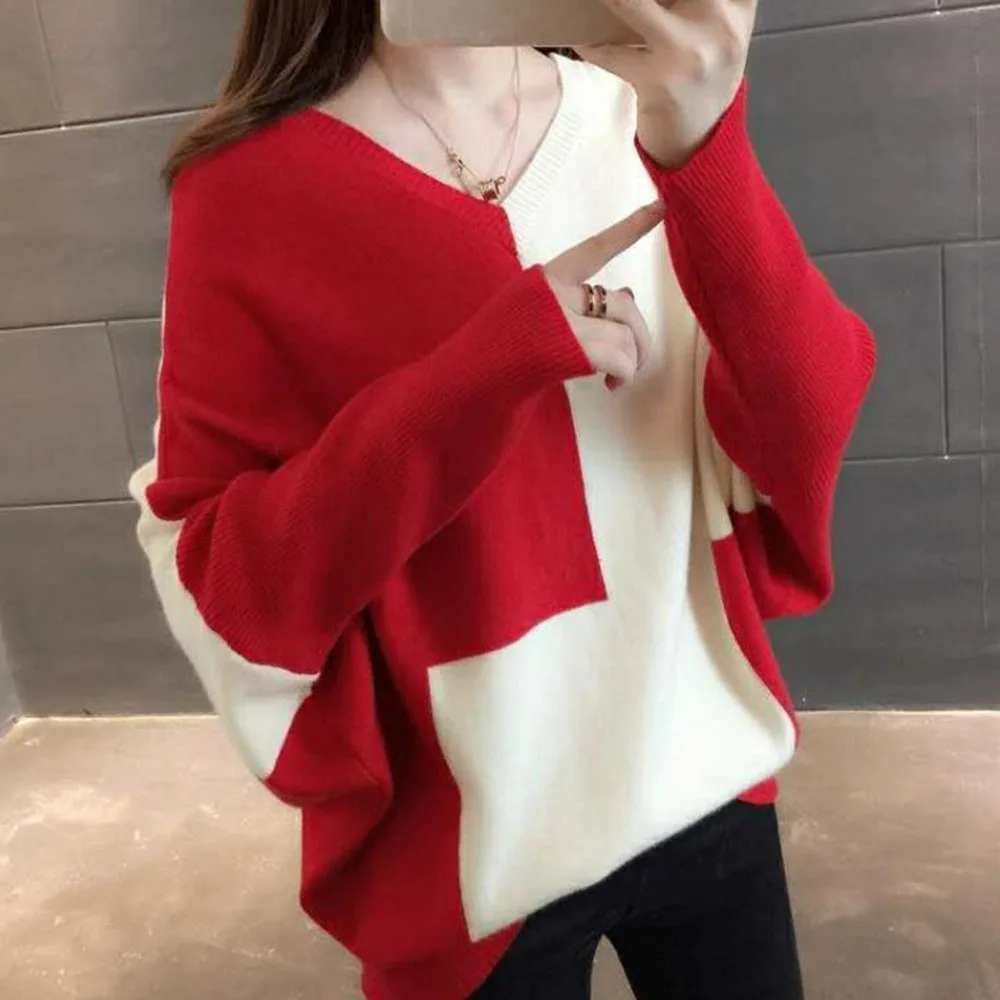 

Color-Blocking V-neck Bottoming Shirt Aat Shirt 2020 Autumn New Loose Korean Pullover Sweater Women Knit Sweater Top