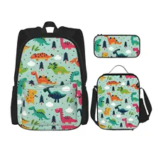 3 in 1 3Pcs School Backpacks for Boys Girls Cartoon Dino Dionsaur Pattern Backpacks Insualted Cooler Lunch Bags Pencil Case