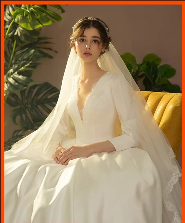 2020 new arrival white lace satin corset a line wedding dress 3/4 sleeve deep v neck sexy court train bridal gowns hot sale | Свадьбы и