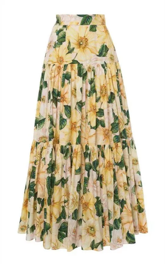 

Skirt Long Women 2021 Spring Summer cotton Printed Camellia Yellow Flower Fashion Luxury High Waist Trend