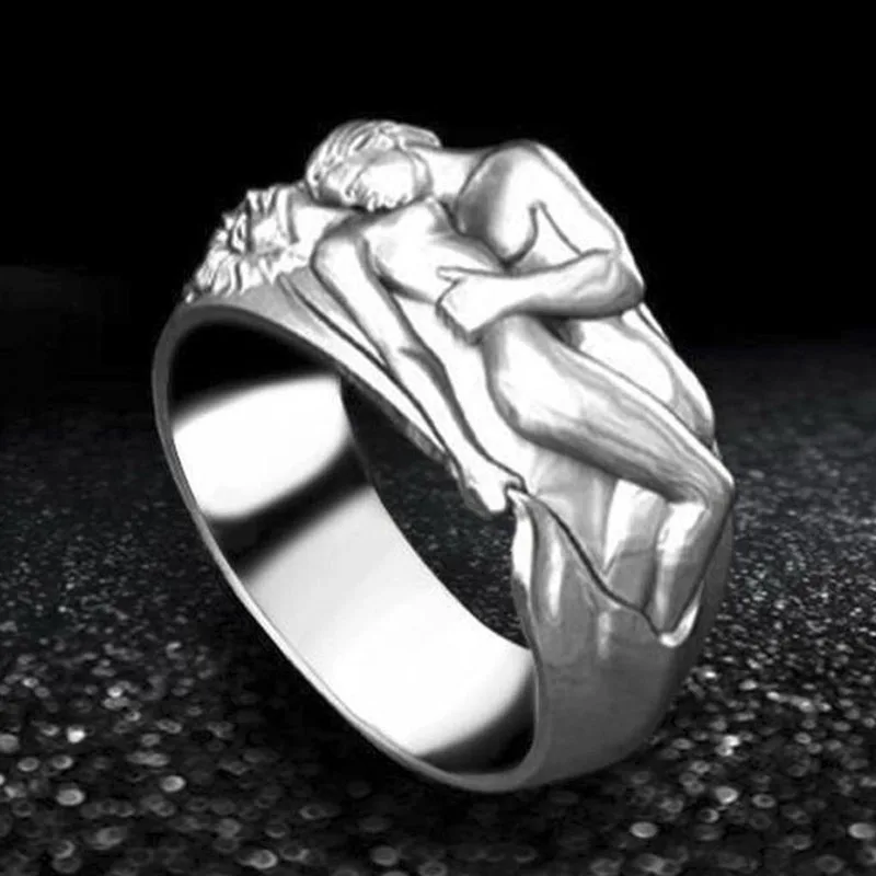 

Unisex Creative Romantic Art Women's and Men's Silver Color Lovers Couple Hug Metal Ring for Party Jewelry Accessories