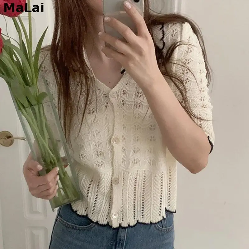 

Lolita Korean Summer Knitted T-Shirts Women Single Breasted Knitwear Shirts Tops Vintage Peter Pan Collar Cardigans Short Sleeve