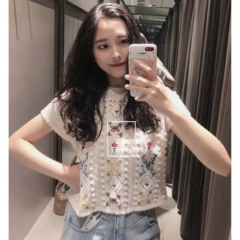 

Женский трикотажный свитер с вышивкой, винтажный пуловер с круглым вырезом и коротким рукавом, X266, 2021