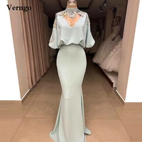 verngo dusty blue mermaid evening dress puff sleeves lace applique prom gowns dubai arabic women formal occaison dresses