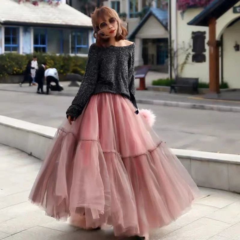 

90 cm Runway Luxury Soft Tulle Skirt Hand-made Maxi Long Pleated Skirts Womens Vintage Petticoat Voile Jupes Falda