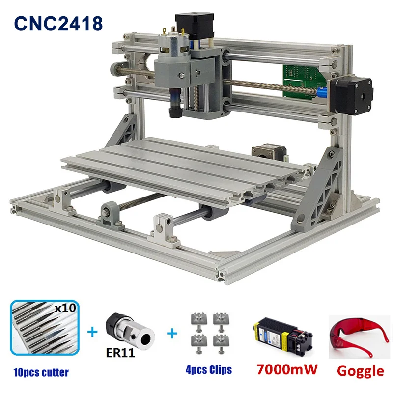 CNC2418 CNC деревообрабатывающий фрезерный станок лазерный гравер GRBL1.1F ER11 Хобби DIY гравировальный станок для дерева PCB ПВХ мини лазерная гравировка - Цвет: Add 7000mW Laser