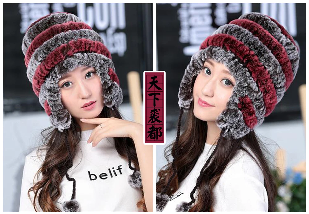 Lady Real Fur Earflap Hats Women Natural Rex Rabbit Fur Beanies Cap Russian Winter Warm Genuine Fur Hat Wholesale