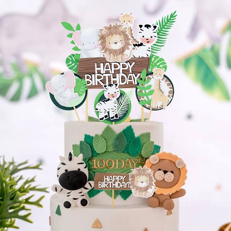 

Wild Jungle Party Cake Topper Happy Birthday Cartoon Safari Animal Cupcake Toppers for Baby Shower Kids Birthday Cake Decoration