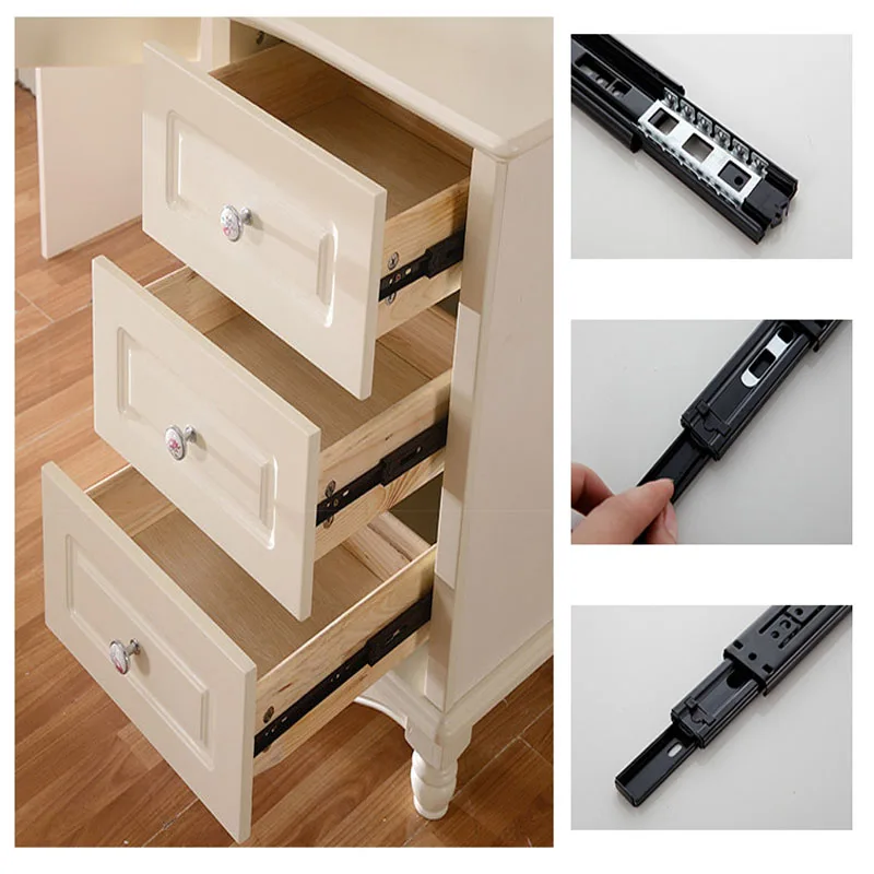

Furniture Slide Cabinet Pulls 3-section Rail Black Slide Rail 45 Wide Steel Ball Rail Furniture Drawer Mute Slide Rail